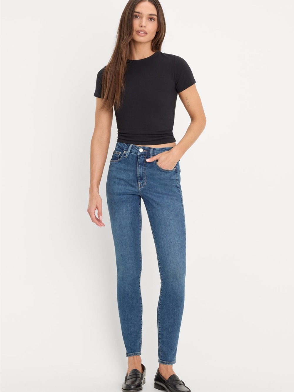 Good American High-Rise Good Legs Skinny Jeans in Medium Blue- distressed